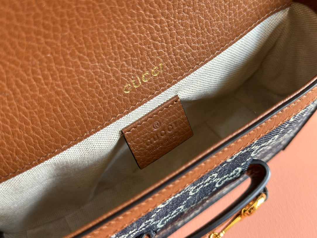 Gucci Horsebit Bag Blue mix Brown Leather Canvas 244253 mysite