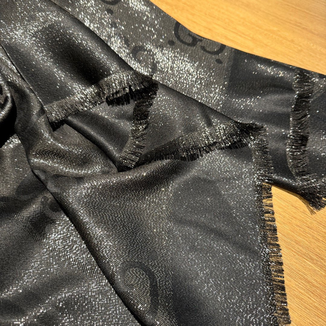 JACQUARD SILK WOOL SHAWL 140 CM BLACK 401257 mysite