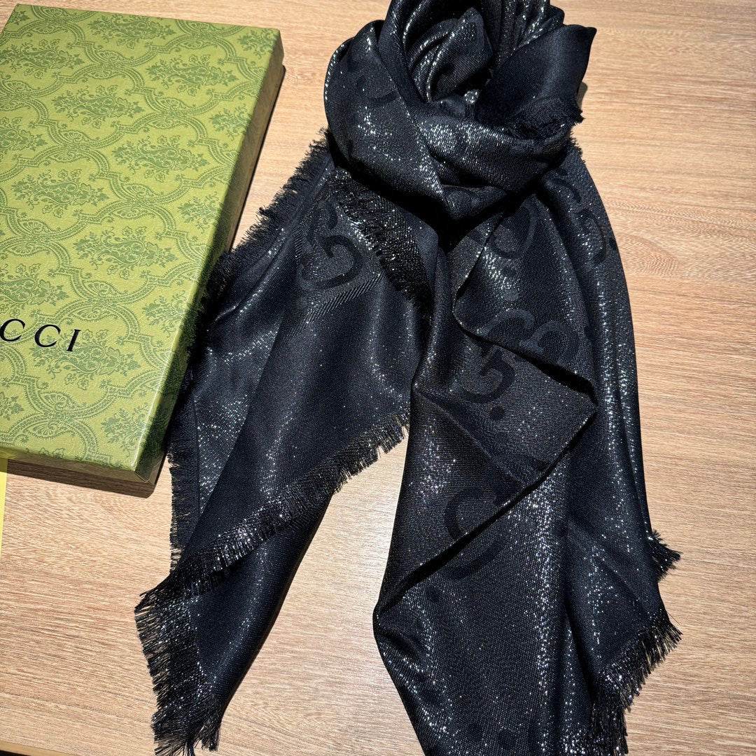 JACQUARD SILK WOOL SHAWL 140 CM BLACK 401257 mysite