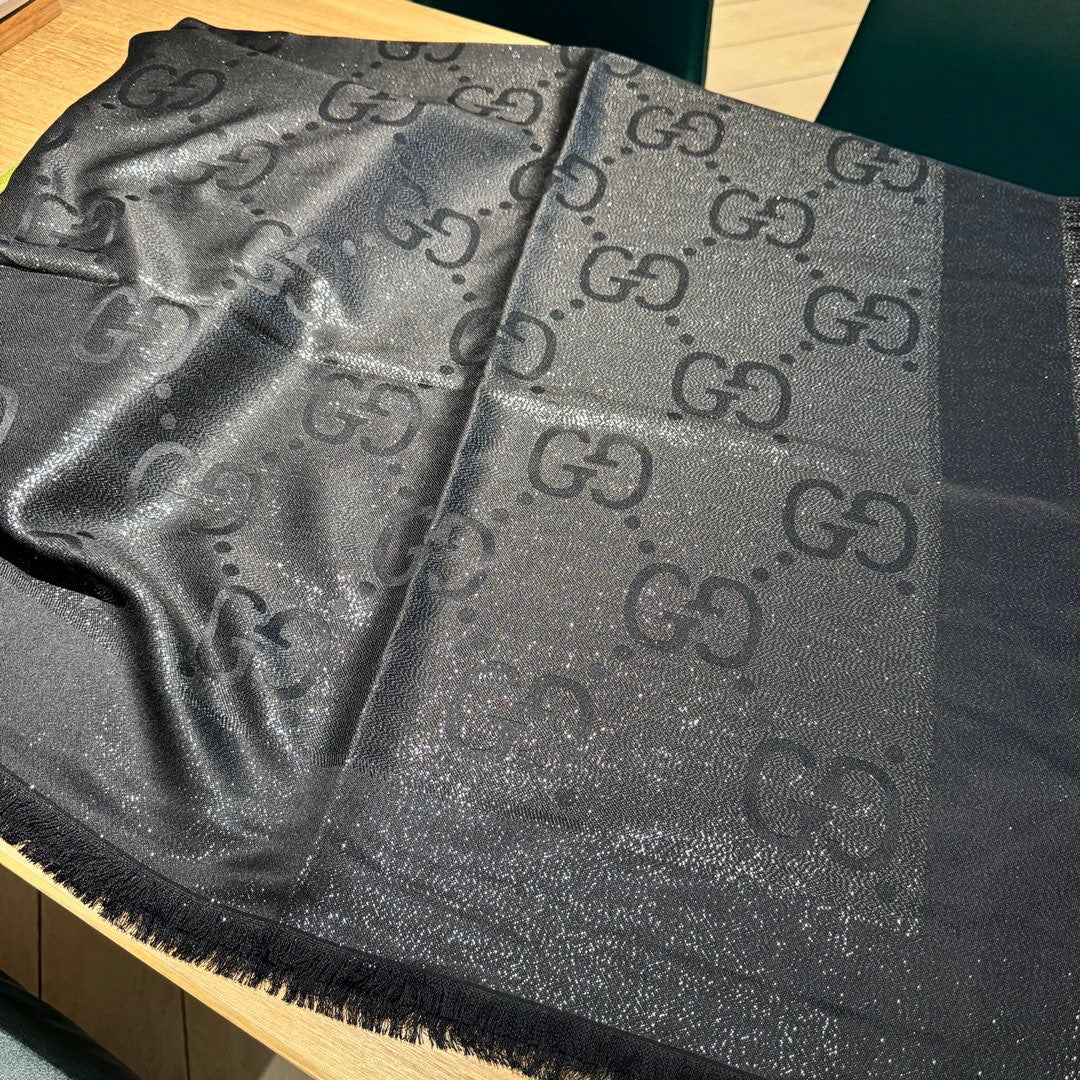 JACQUARD SILK WOOL SHAWL 140 CM BLACK 401257 mysite