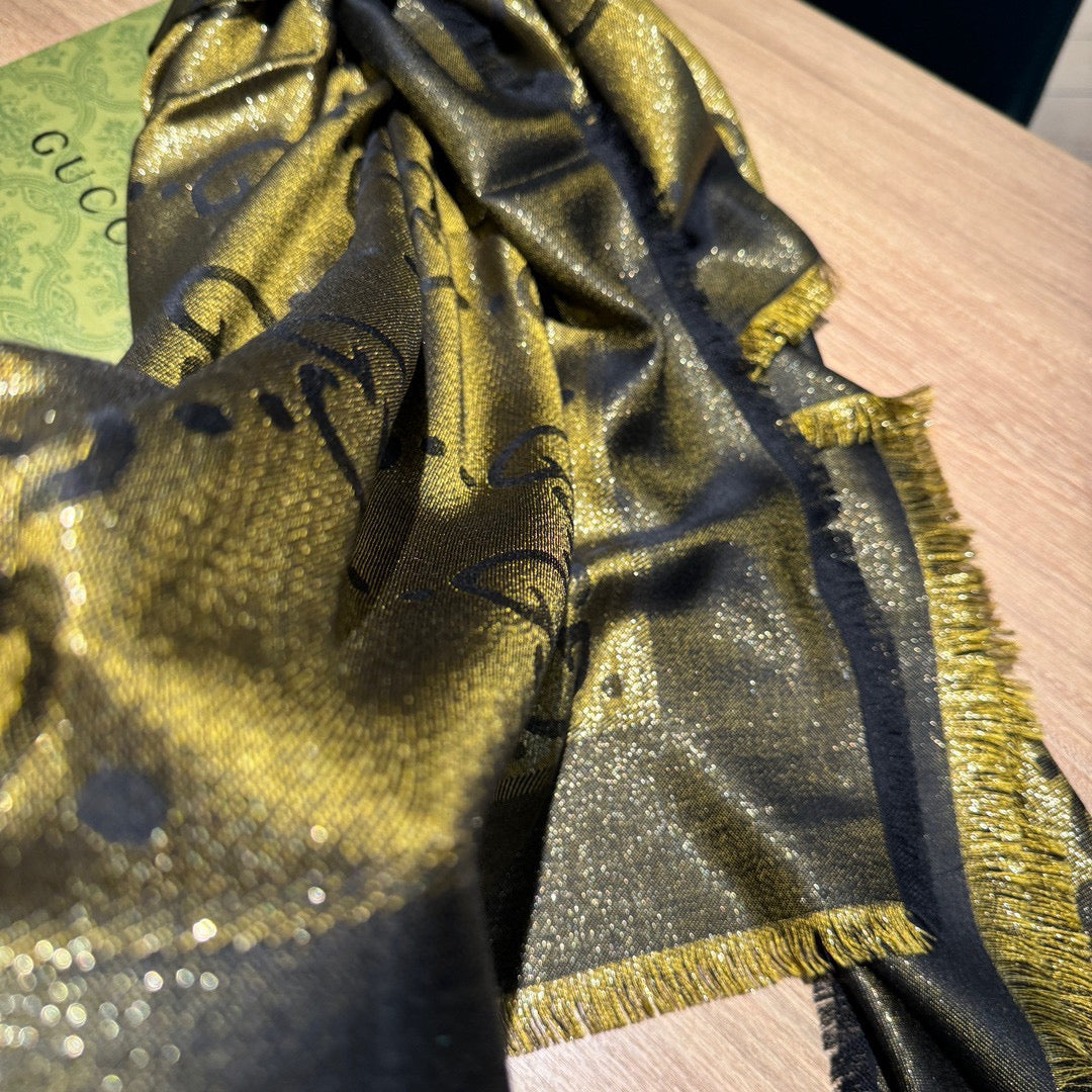 JACQUARD SILK WOOL SHAWL 140 CM ANTIQUE GOLD 401258 mysite