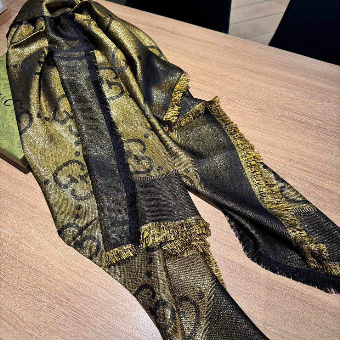 JACQUARD SILK WOOL SHAWL 140 CM ANTIQUE GOLD 401258 mysite