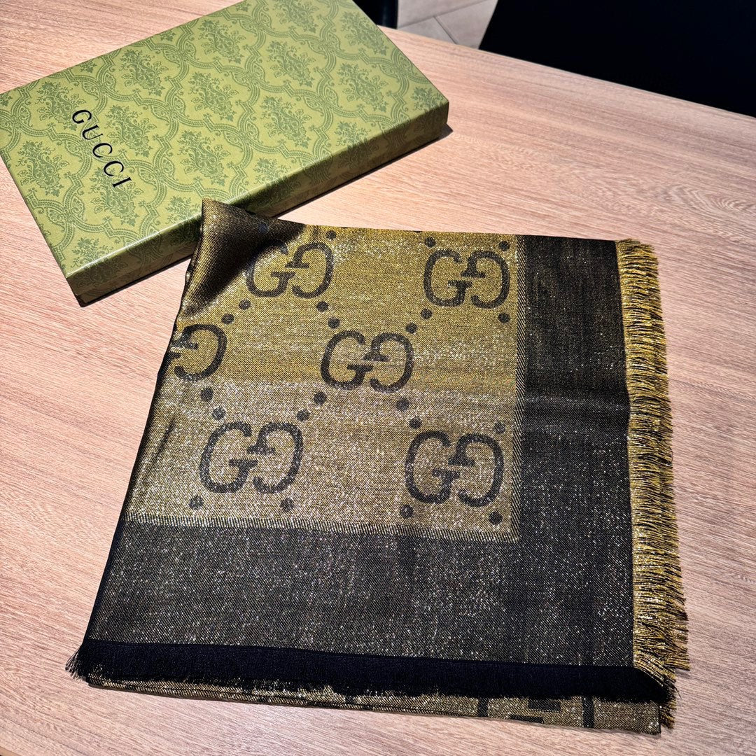 JACQUARD SILK WOOL SHAWL 140 CM ANTIQUE GOLD 401258 mysite