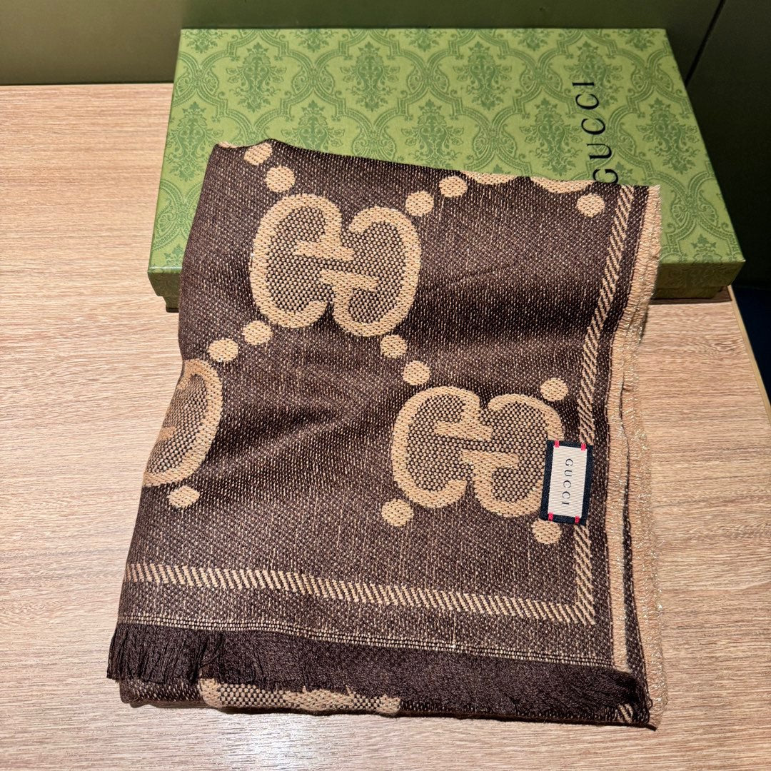 SCARF 195 CM IN BEIGE AND DARK BROWN GG WOOL LAMÉ JACQUARD 403978 mysite