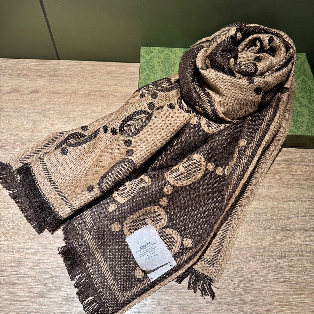 SCARF 195 CM IN BEIGE AND DARK BROWN GG WOOL LAMÉ JACQUARD 403978 mysite