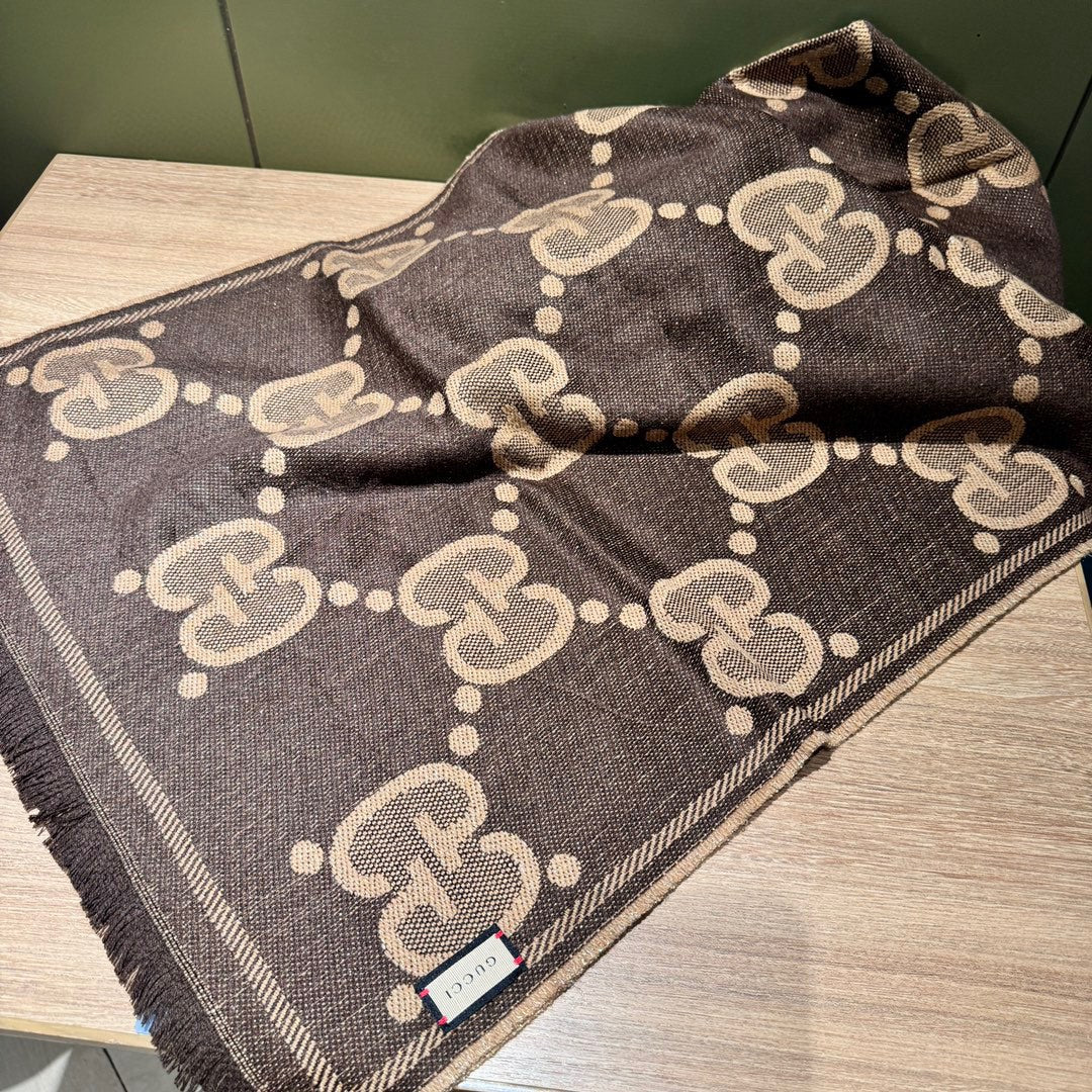 SCARF 195 CM IN BEIGE AND DARK BROWN GG WOOL LAMÉ JACQUARD 403978 mysite