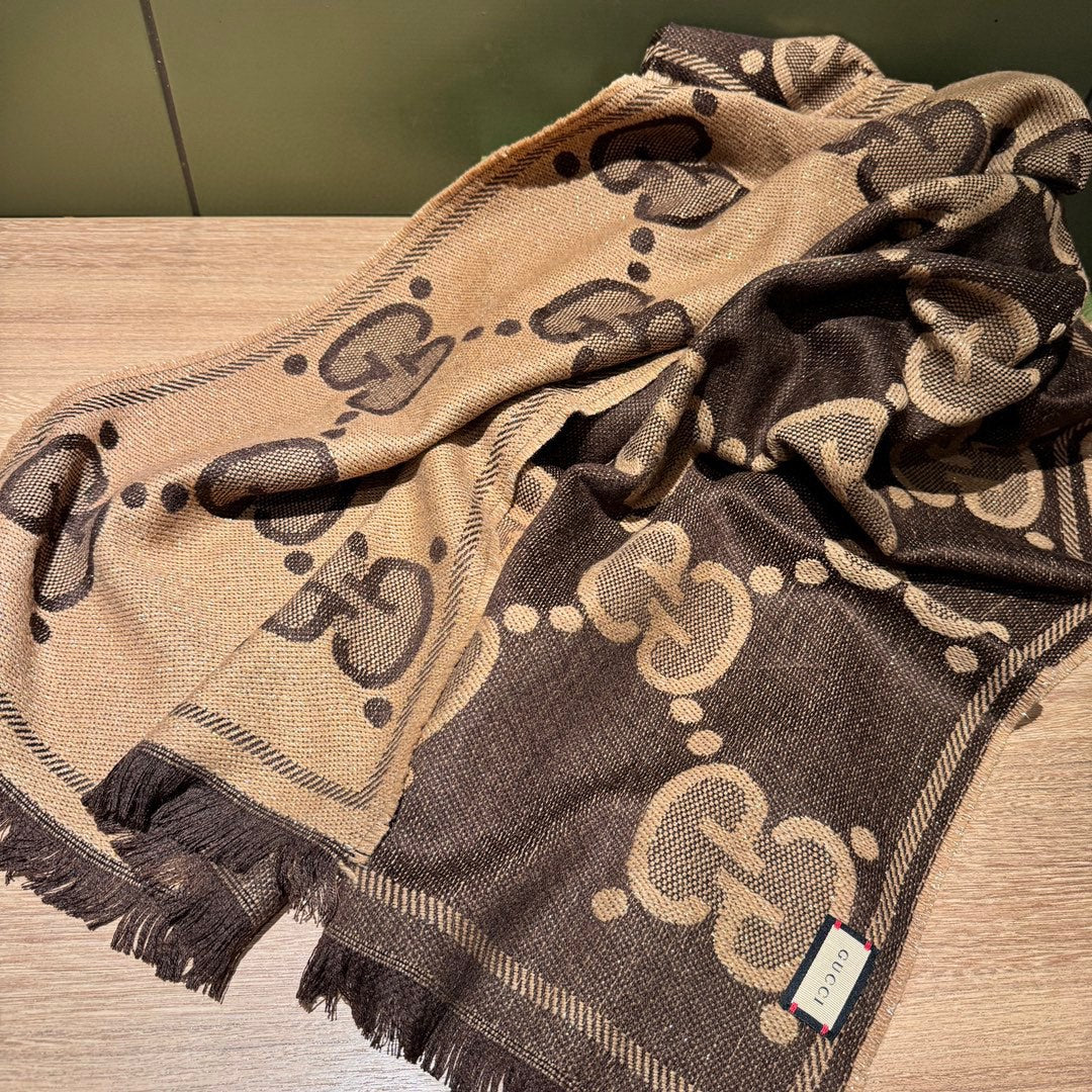 SCARF 195 CM IN BEIGE AND DARK BROWN GG WOOL LAMÉ JACQUARD 403978 mysite