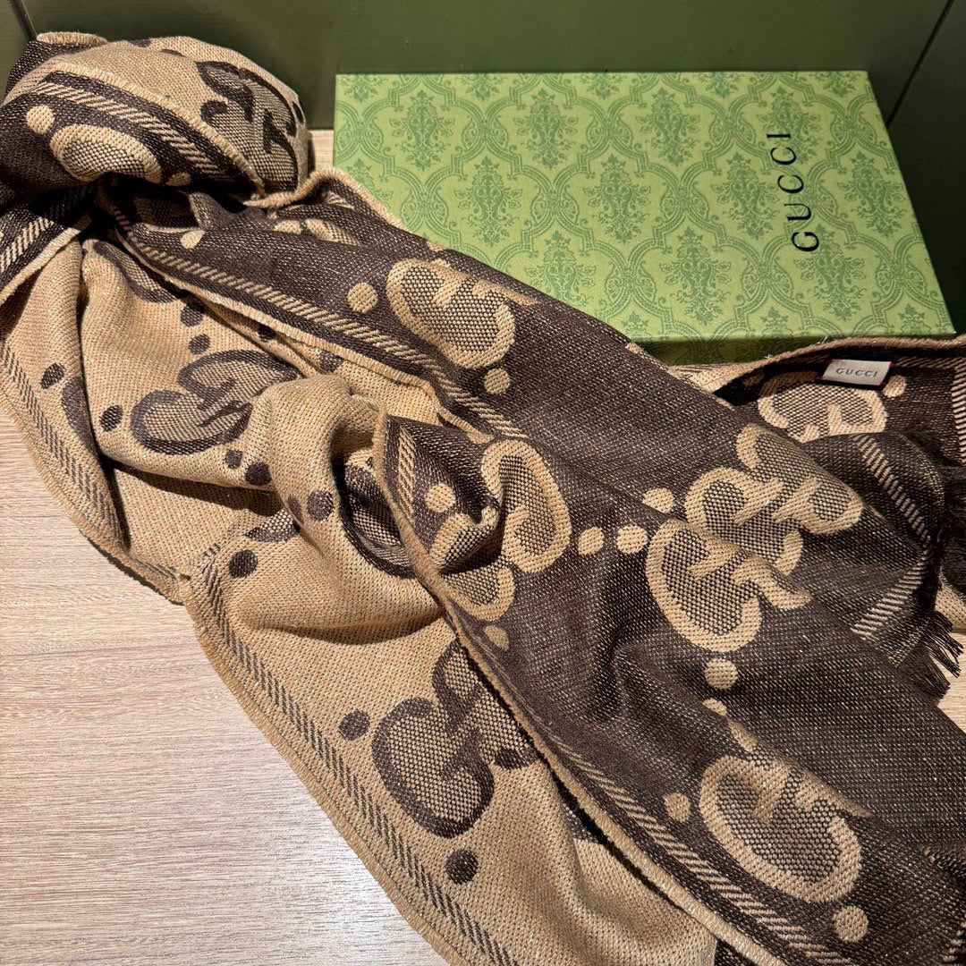 SCARF 195 CM IN BEIGE AND DARK BROWN GG WOOL LAMÉ JACQUARD 403978 mysite