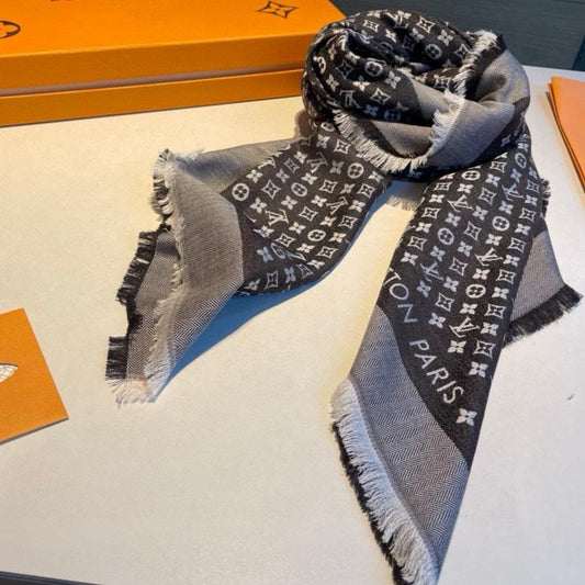 MONOGRAM SHINE SCARF 120 CM IN BLACK WOOL AND MULBERRY SILK 398194 mysite