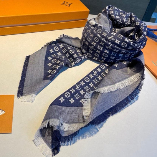MONOGRAM SHINE SCARF 120 CM IN NAVY BLUE WOOL AND MULBERRY SILK 398196 mysite