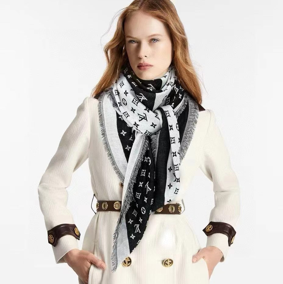 MONOGRAM 140 CM SQUARE SCARF IN BLACK MIX WHITE CASHMERE 391107 mysite
