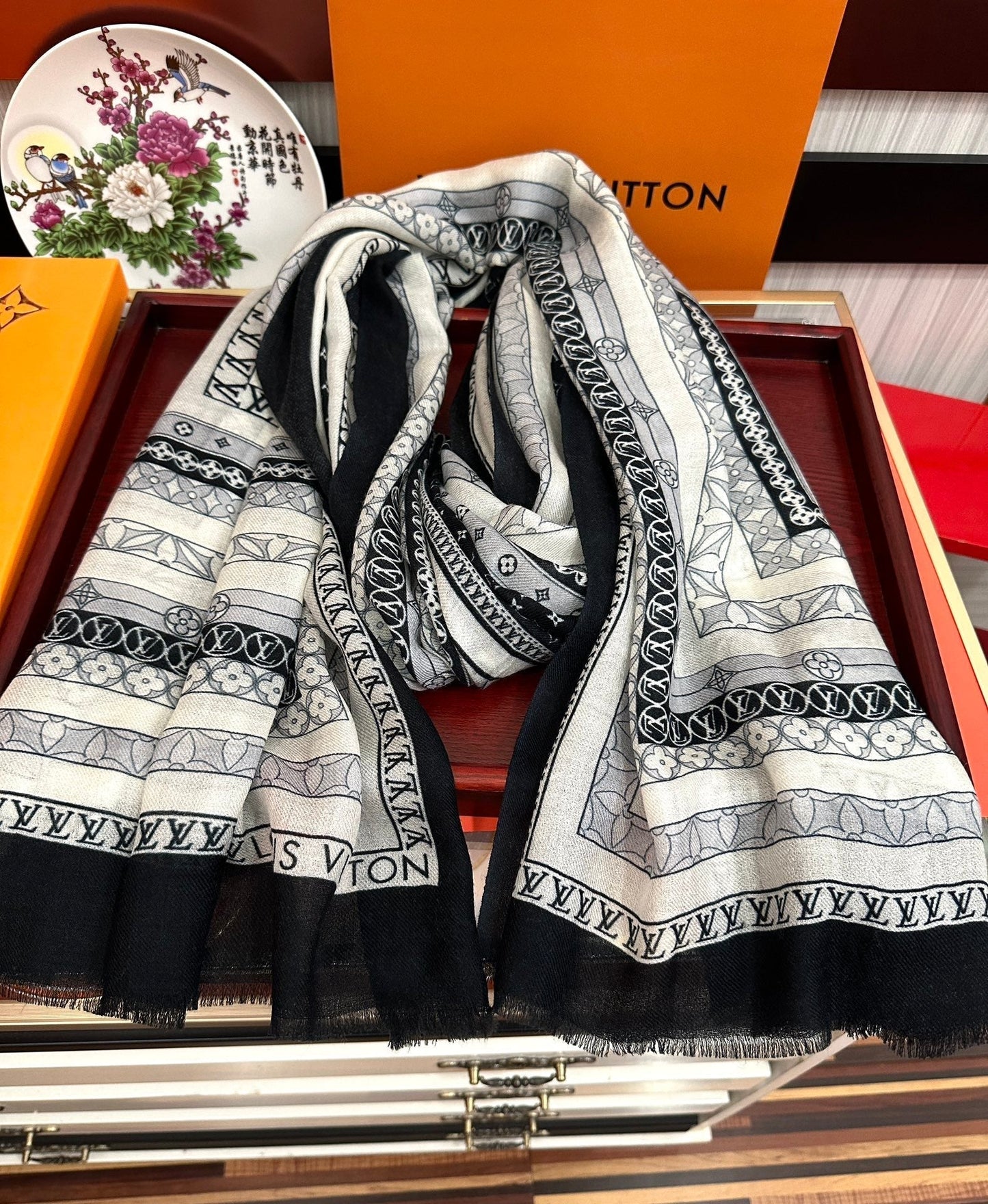 SCARF 200 CM IN BLACK MIX WHITE CASHMERE 394889 mysite