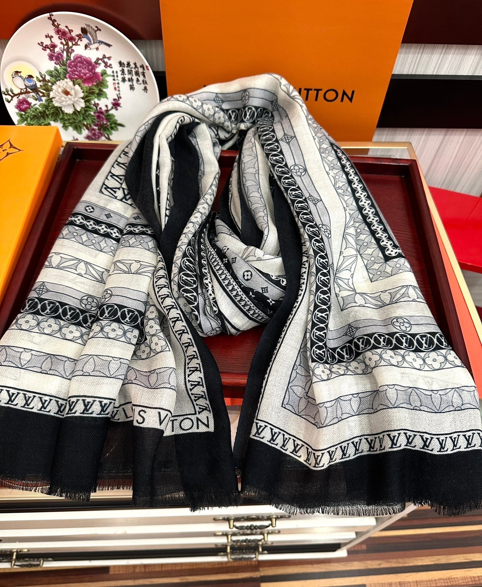 SCARF 200 CM IN BLACK MIX WHITE CASHMERE 394889 mysite