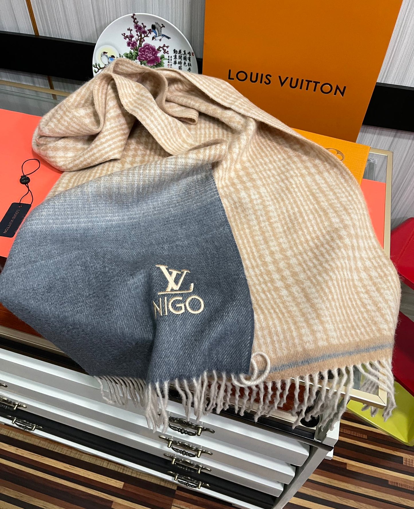 SCARF 200 CM IN BROWN MIX GREY CASHMERE 400012 mysite