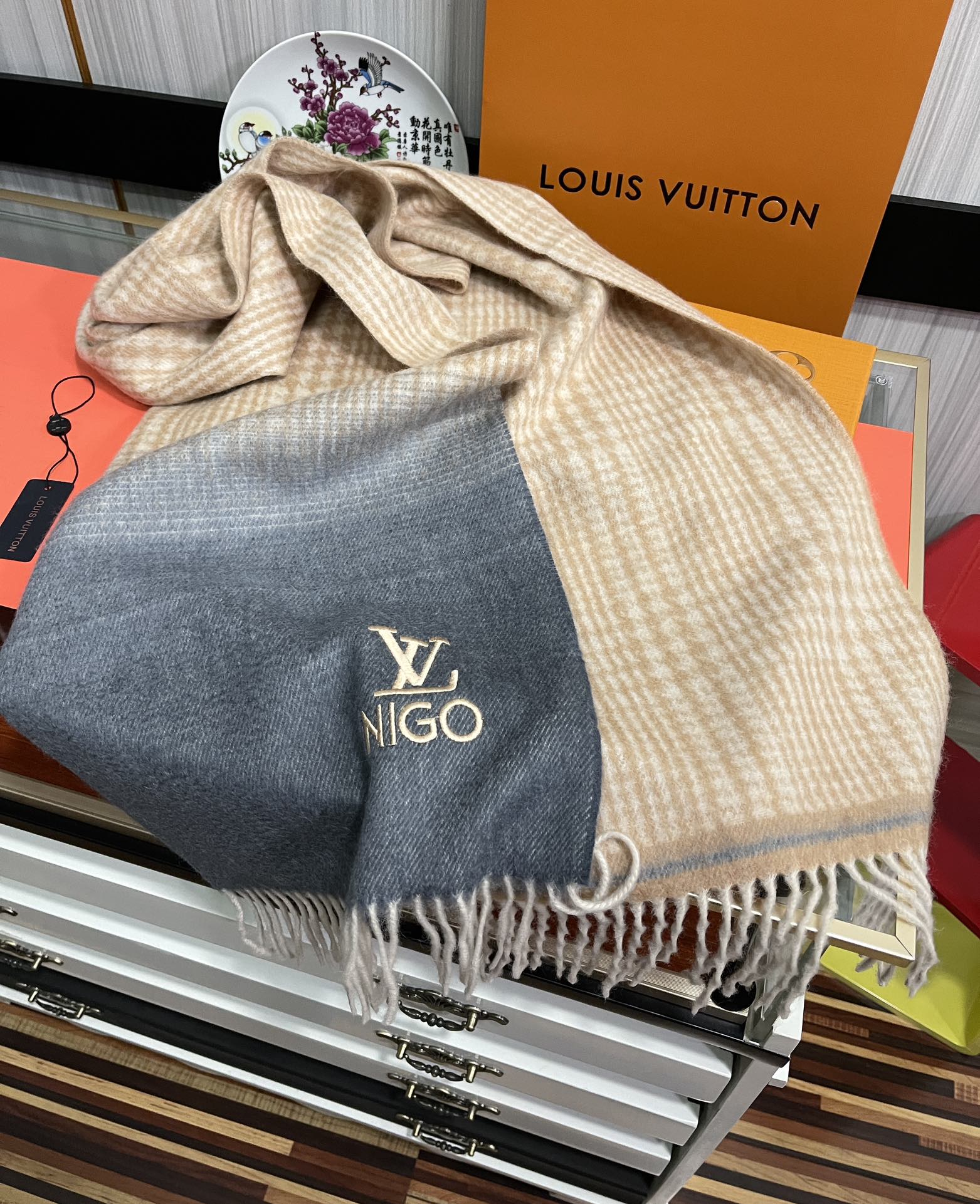 SCARF 200 CM IN BROWN MIX GREY CASHMERE 400012 mysite