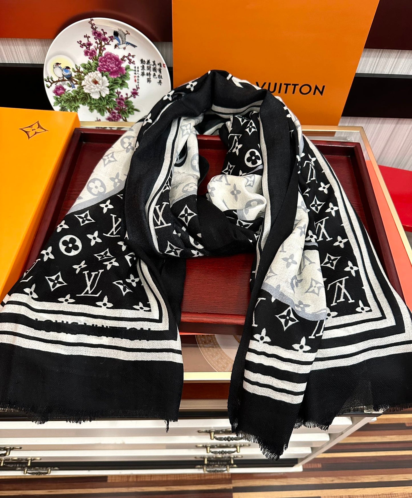 SCARF 200 CM IN BLACK MIX WHITE CASHMERE 400030 mysite