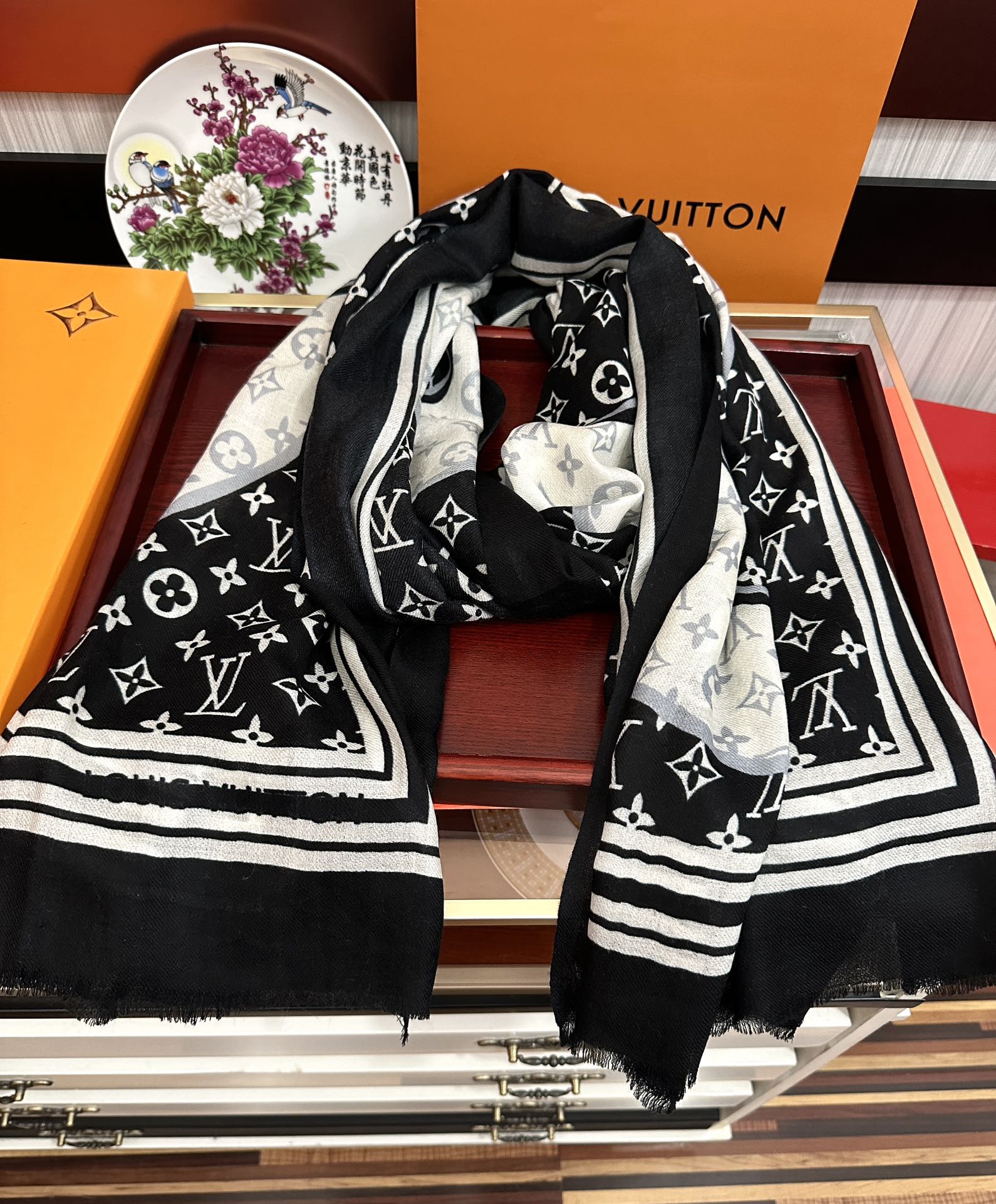 SCARF 200 CM IN BLACK MIX WHITE CASHMERE 400030 mysite