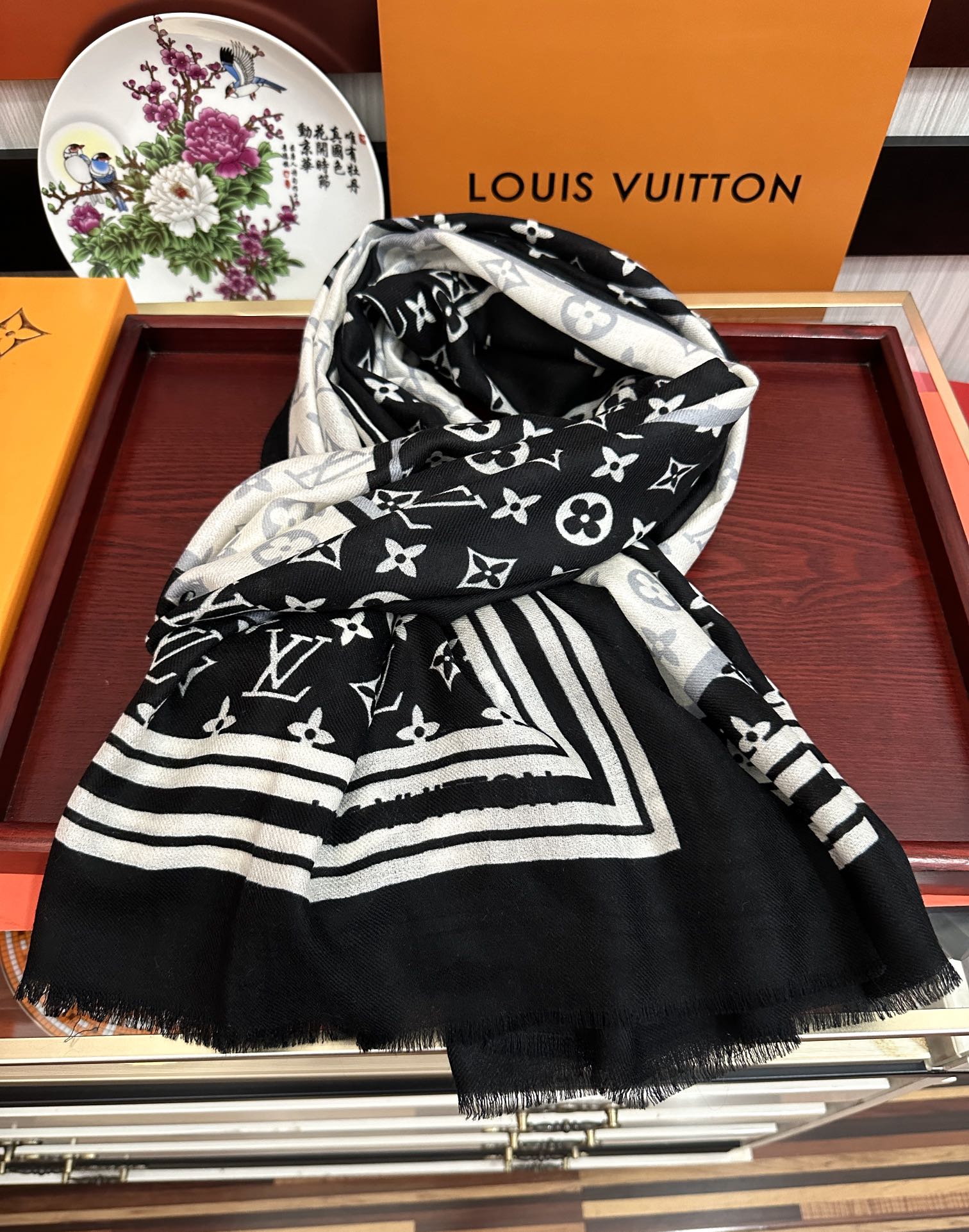 SCARF 200 CM IN BLACK MIX WHITE CASHMERE 400030 mysite