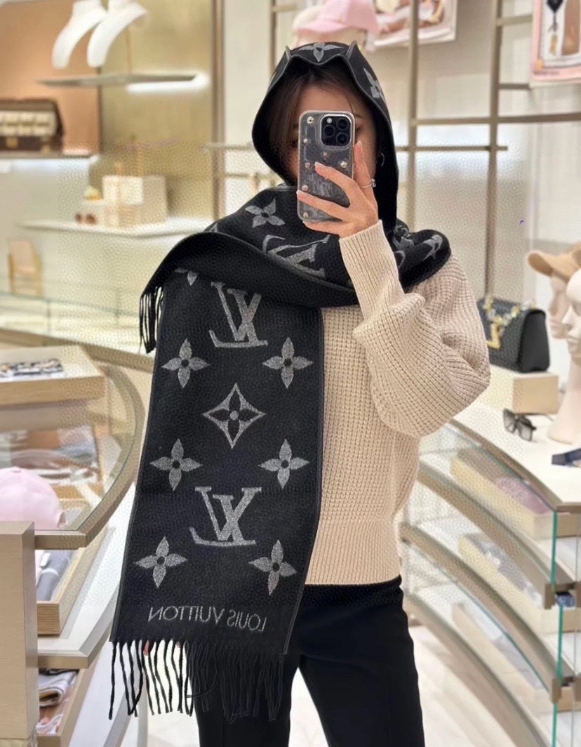 SCARF 196 CM IN BLACK MIX WHITE LAMBSWOOL AND CASHMERE 393081 mysite