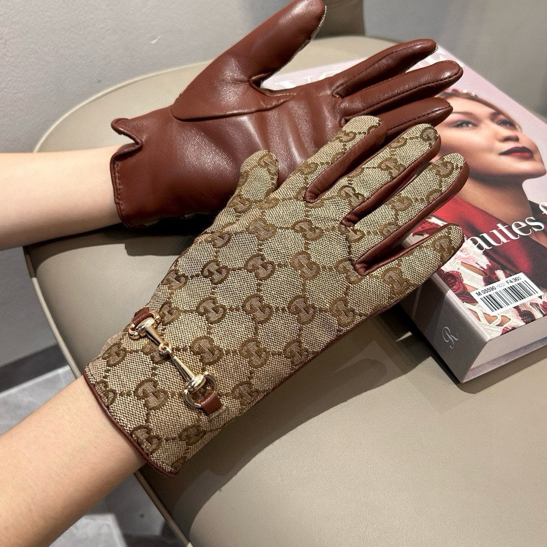 HORSEBIT GLOVES IN BEIGE MONOGRAM JACQUARD FABRIC MIX RED BROWN SHEEPSKIN 456332 mysite
