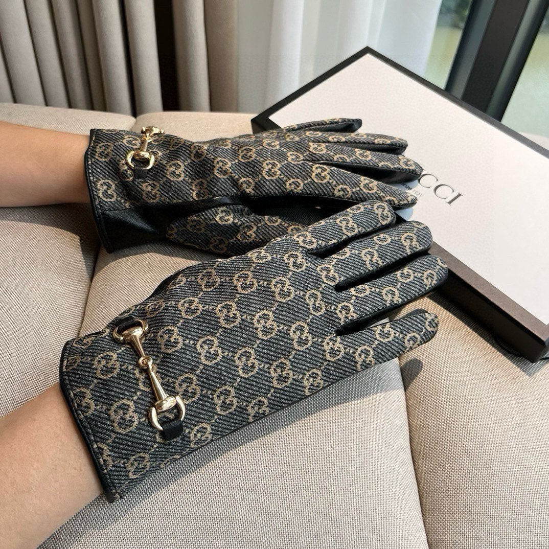 HORSEBIT GLOVES IN STONE BLUE MONOGRAM JACQUARD FABRIC MIX BLACK SHEEPSKIN 456333 mysite