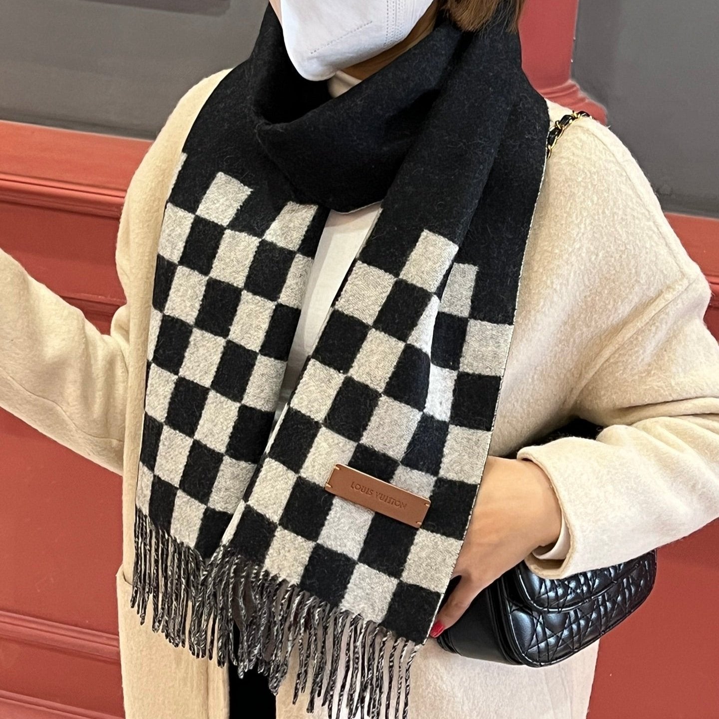 DAMIER SCARF 180 CM IN BLACK MIX WHITE CASHMERE 388315 mysite