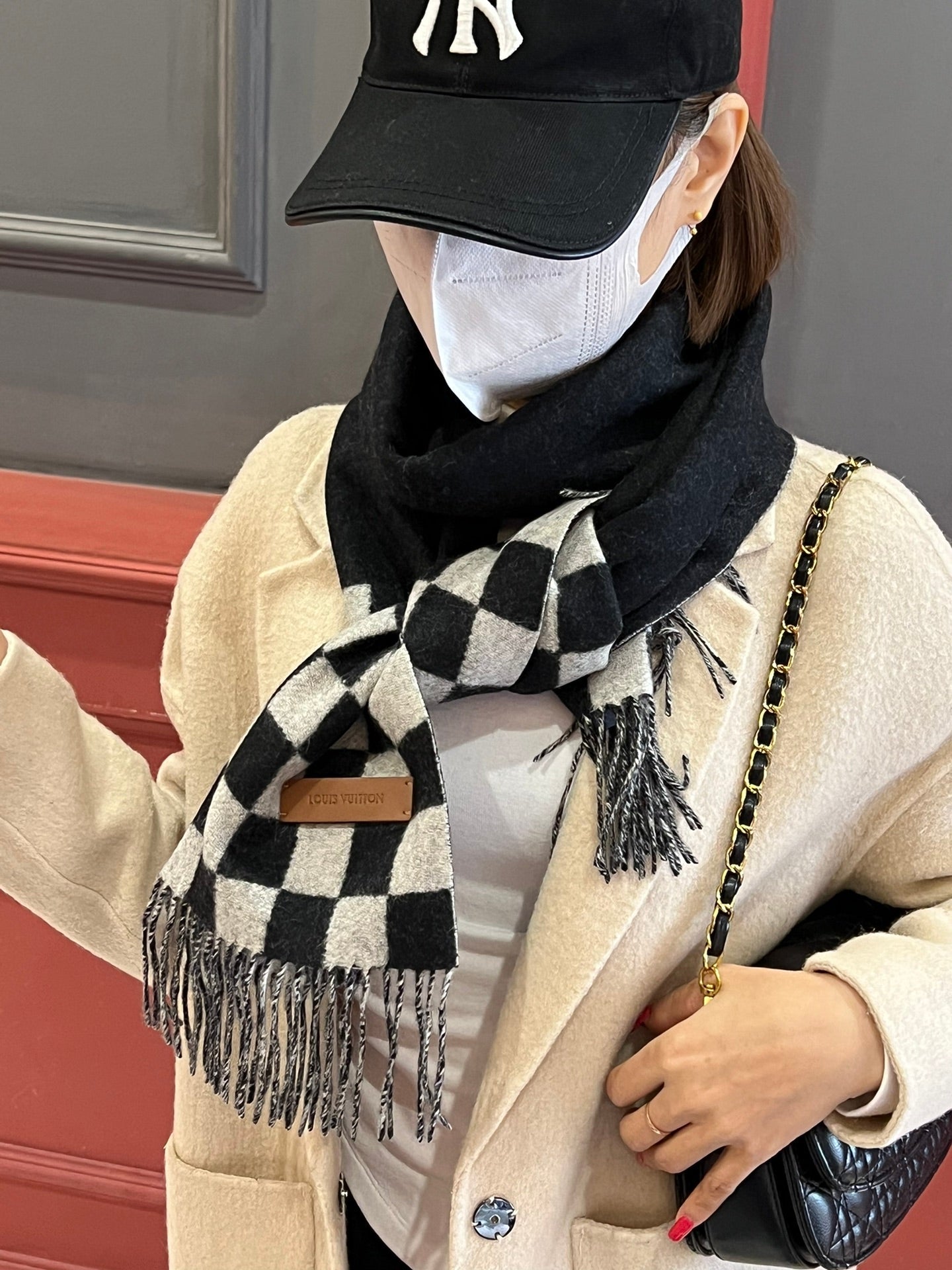 DAMIER SCARF 180 CM IN BLACK MIX WHITE CASHMERE 388315 mysite