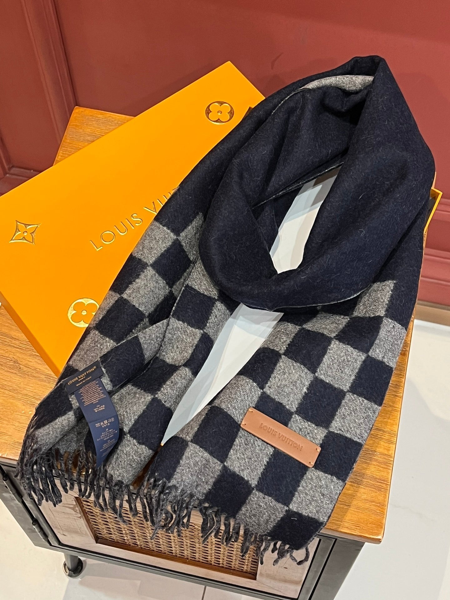 DAMIER SCARF 180 CM IN MIDNIGHT BLUE MIX GRAY CASHMERE 388316 mysite
