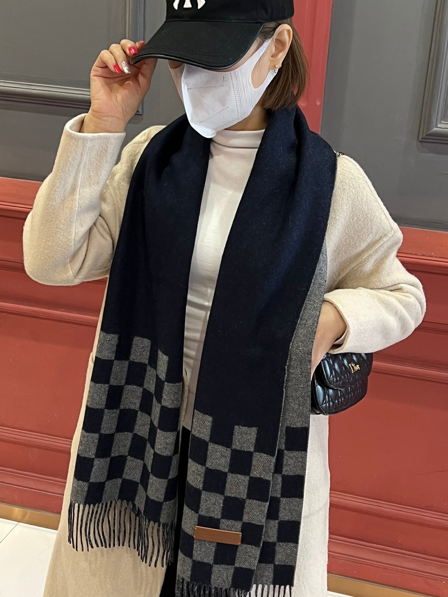 DAMIER SCARF 180 CM IN MIDNIGHT BLUE MIX GRAY CASHMERE 388316 mysite