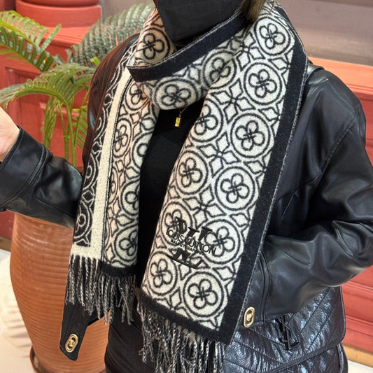 FLOWER MONOGRAM SCARF 180 CM IN BLACK MIX WHITE CASHMERE 388305 mysite