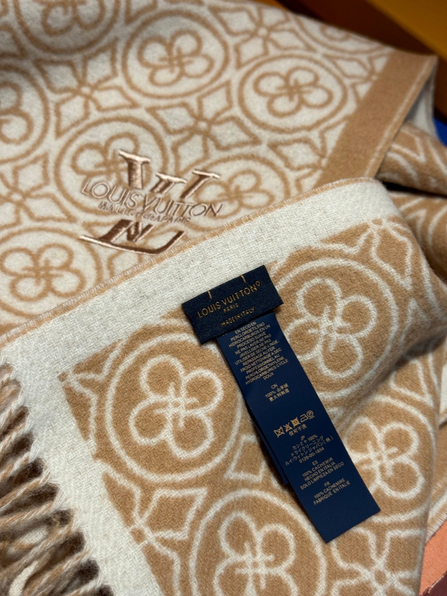 FLOWER MONOGRAM SCARF 180 CM IN TORTILLA BROWN MIX WHITE CASHMERE 388304 mysite