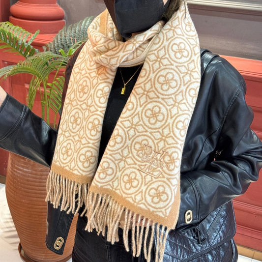 FLOWER MONOGRAM SCARF 180 CM IN TORTILLA BROWN MIX WHITE CASHMERE 388304 mysite
