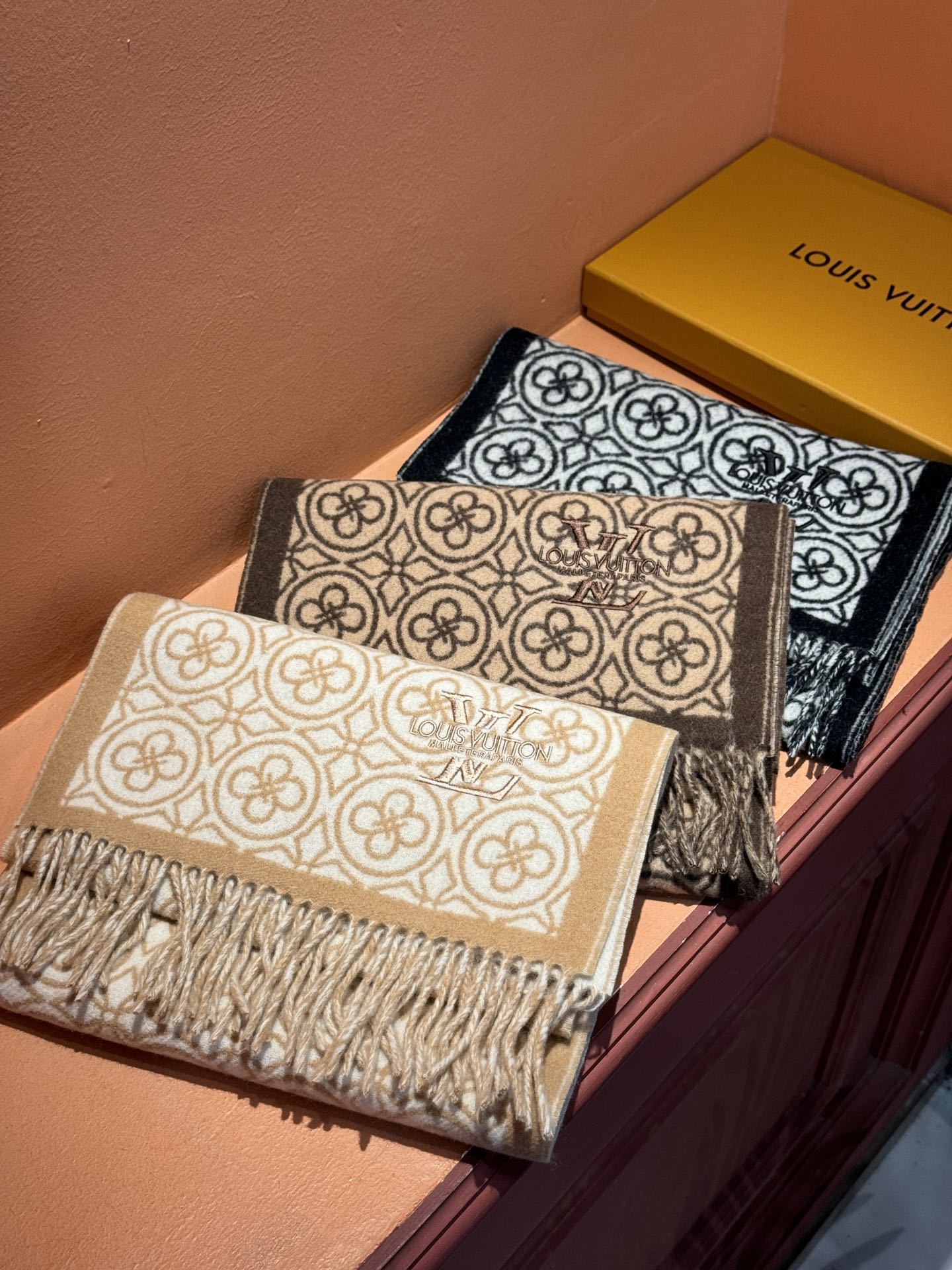 FLOWER MONOGRAM SCARF 180 CM IN TORTILLA BROWN MIX WHITE CASHMERE 388304 mysite