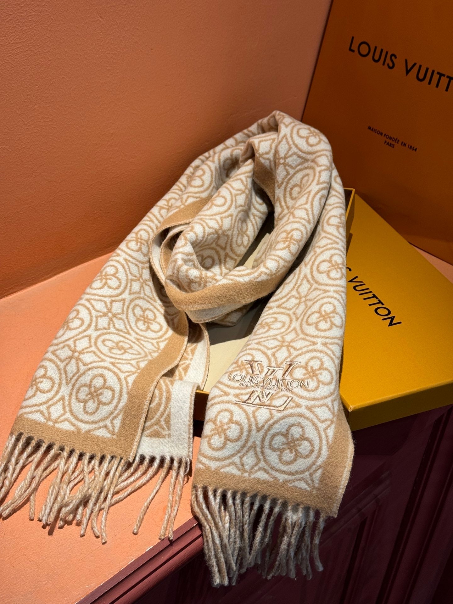 FLOWER MONOGRAM SCARF 180 CM IN TORTILLA BROWN MIX WHITE CASHMERE 388304 mysite