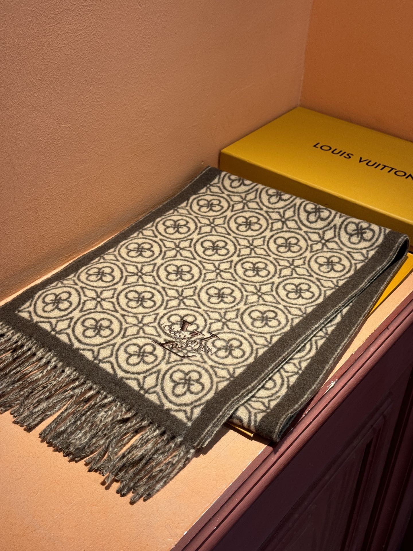 FLOWER MONOGRAM SCARF 180 CM IN MEDIUM BROWN CASHMERE 388306 mysite