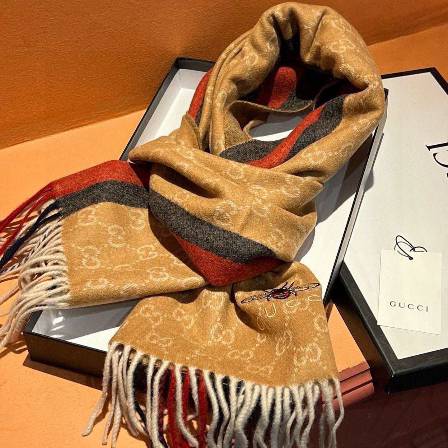 SCARF 180 CM IN COPPER BROWN CASHMERE WITH BEE PATTERN 396474 mysite