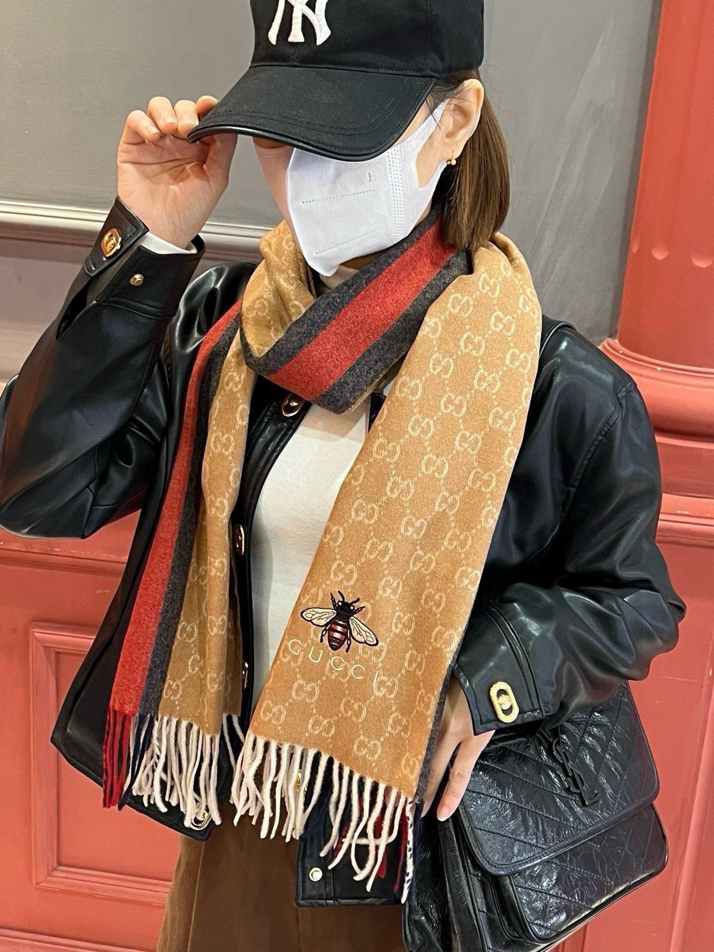 SCARF 180 CM IN COPPER BROWN CASHMERE WITH BEE PATTERN 396474 mysite