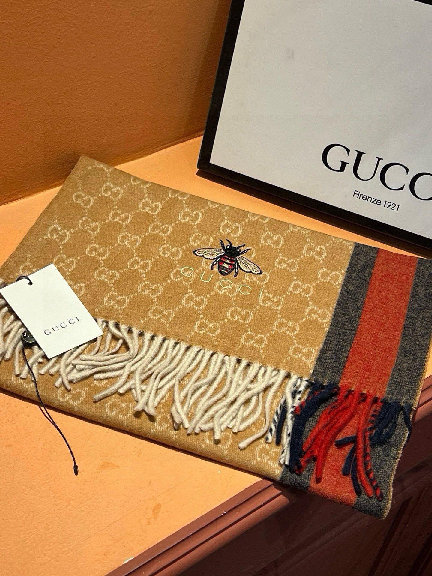 SCARF 180 CM IN COPPER BROWN CASHMERE WITH BEE PATTERN 396474 mysite