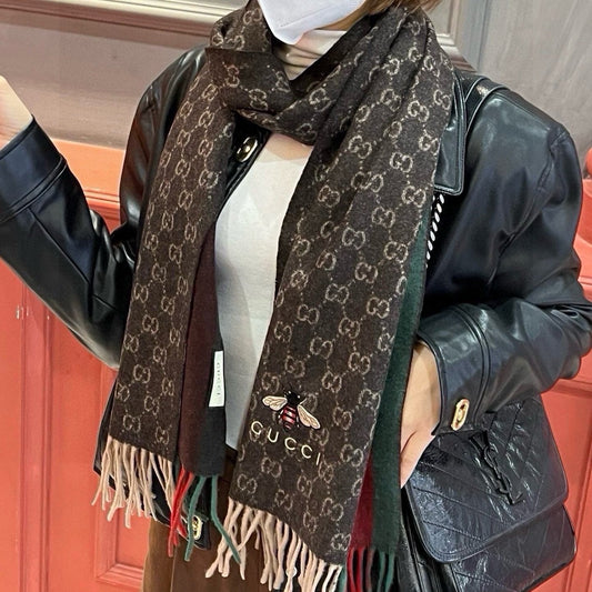 SCARF 180 CM IN CAROB BROWN CASHMERE WITH BEE PATTERN 396475 mysite