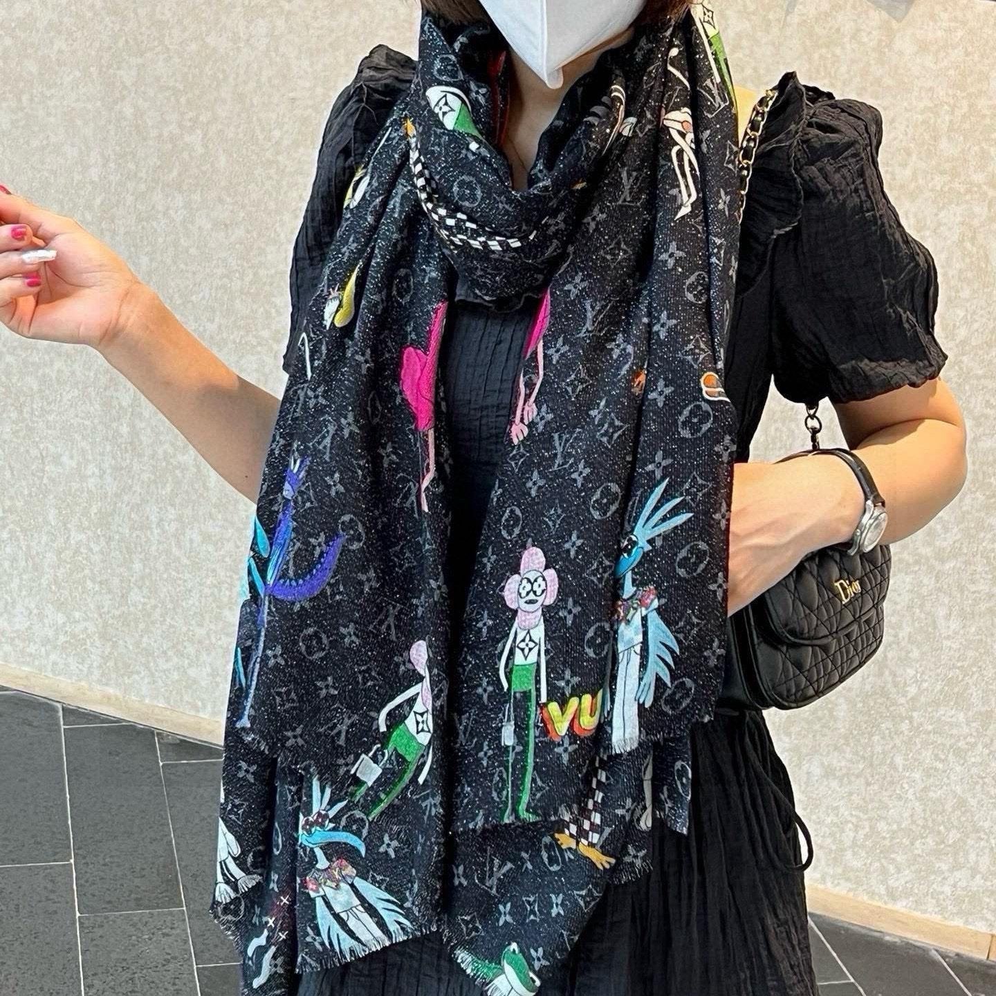 LONG SCARF 200 CM IN BLACK MONOGRAM CASHMERE 396507 mysite