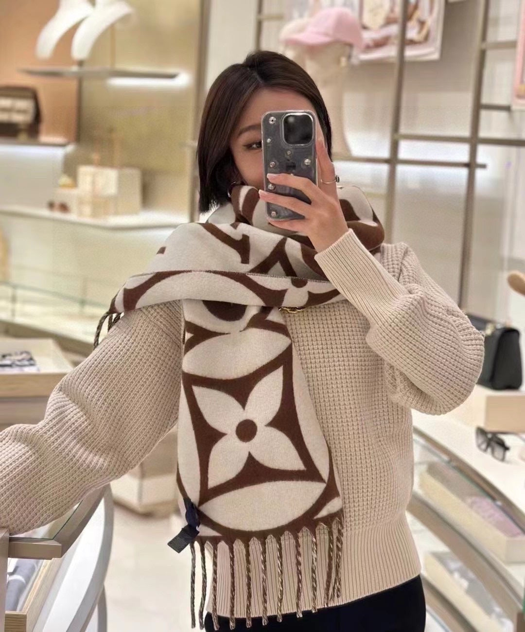 MEDALLION SCARF 235 CM IN CHOCOLATE BROWN MIX WHITE WOOL 399900 mysite