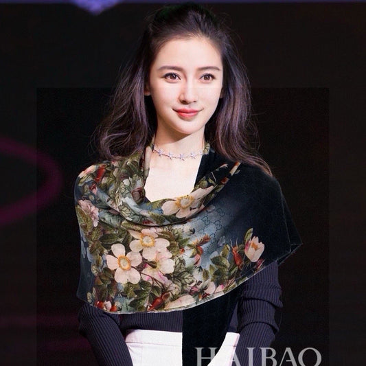 SCARF 200 CM IN BLACK CASHMERE WITH COLORFUL FLOWER 405252 mysite