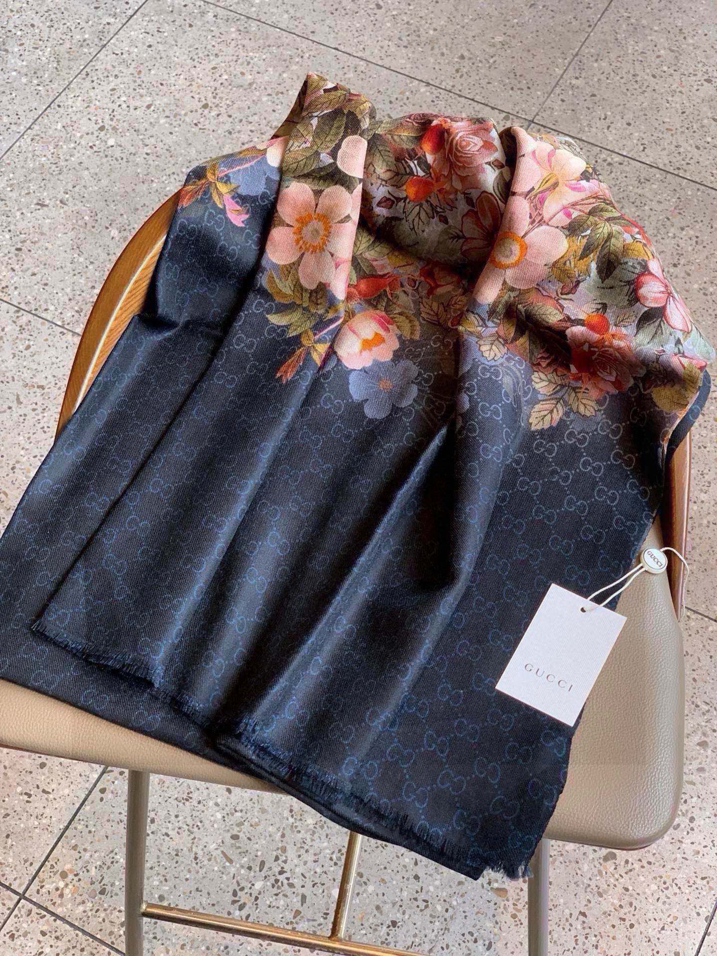 SCARF 200 CM IN BLACK CASHMERE WITH COLORFUL FLOWER 405252 mysite