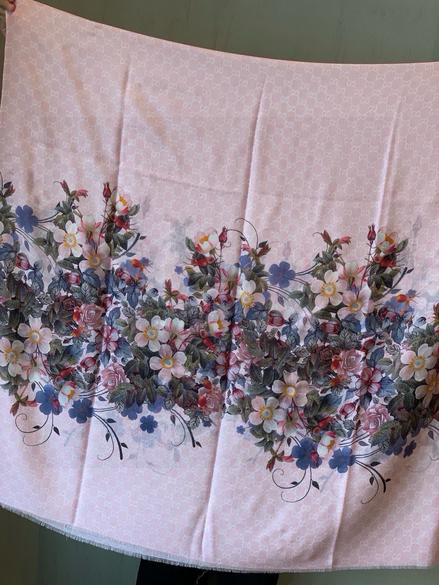 SCARF 200 CM IN BLUSH PINK CASHMERE WITH COLORFUL FLOWER 405253 mysite