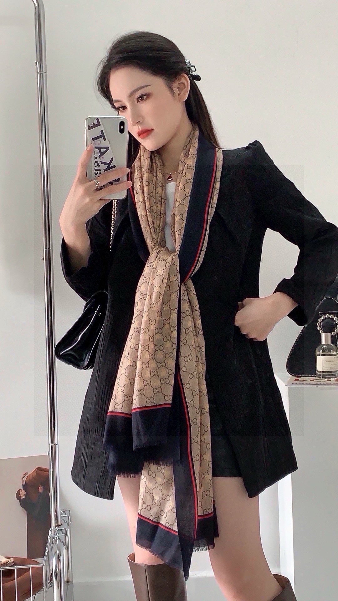 SCARF 200 CM IN KHAKI BROWN MIX BLACK CASHMERE 405264 mysite