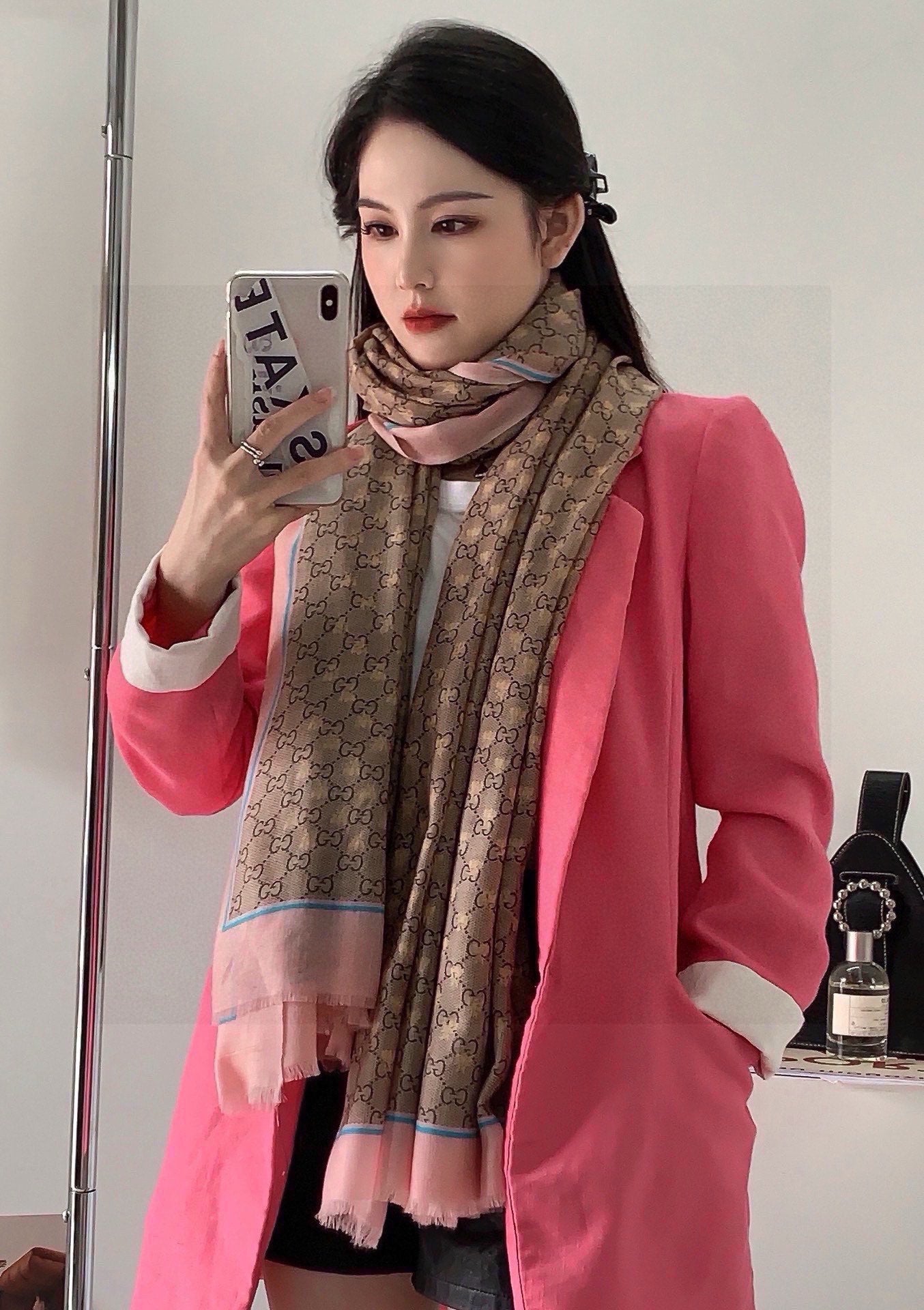 SCARF 200 CM IN KHAKI BROWN MIX LIGHT PINK CASHMERE 405265 mysite