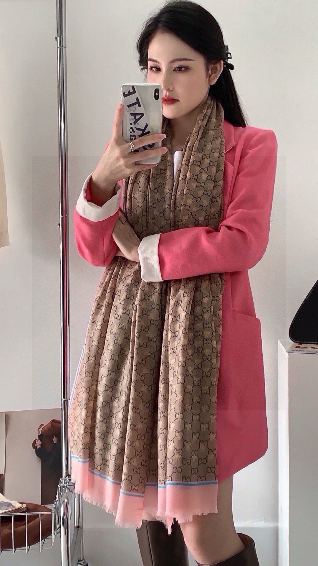 SCARF 200 CM IN KHAKI BROWN MIX LIGHT PINK CASHMERE 405265 mysite