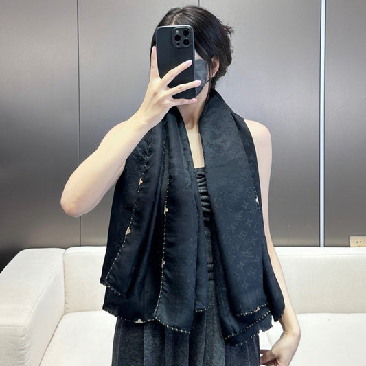 EVERMORE SCARF 140 CM IN BLACK SILK AND WOOL 393156 mysite