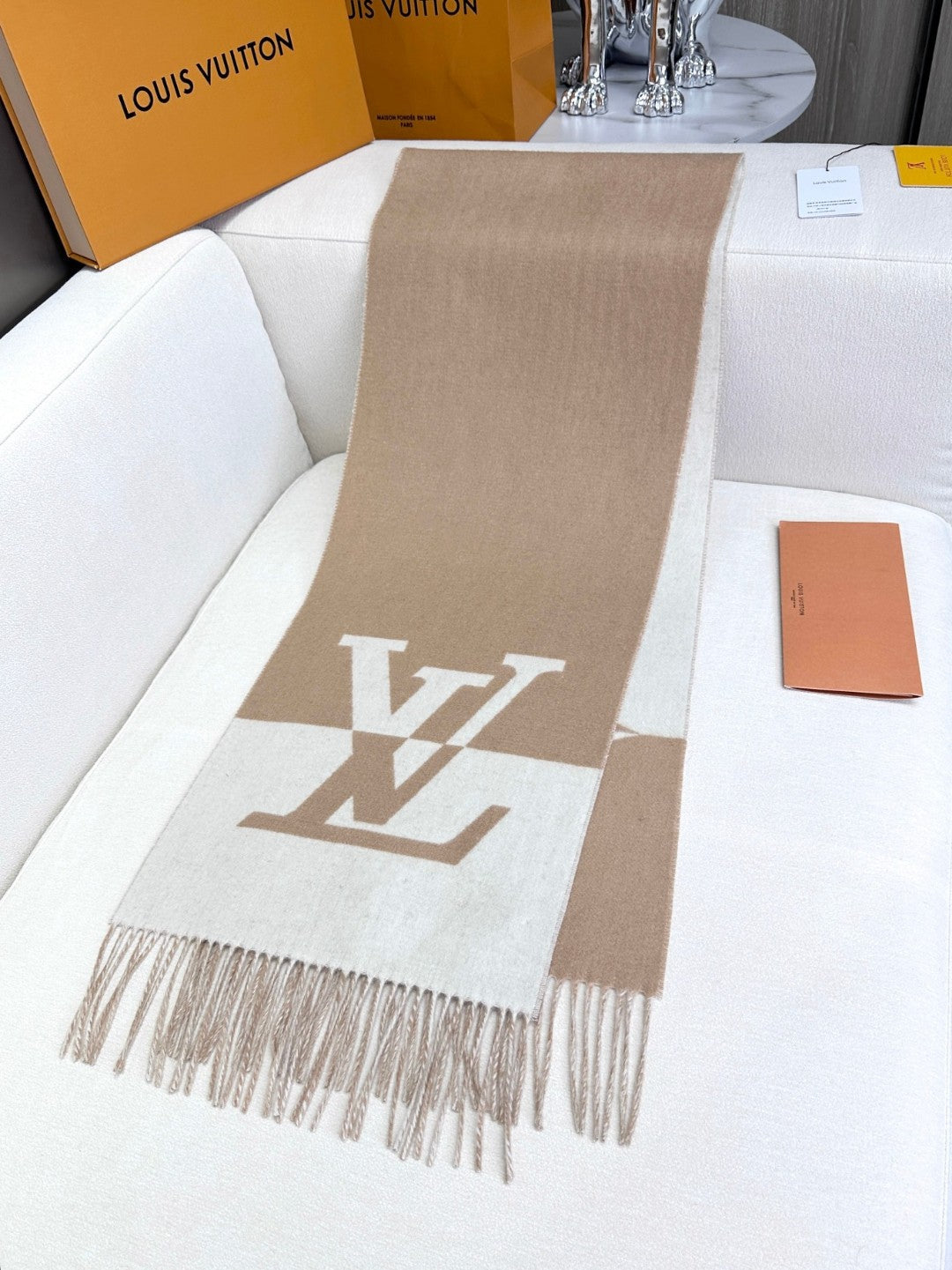 GRAPHIC DUAL SCARF 192 CM IN TUSCAN BEIGE MIX WHITE WOOL AND CASHMERE 396434 mysite