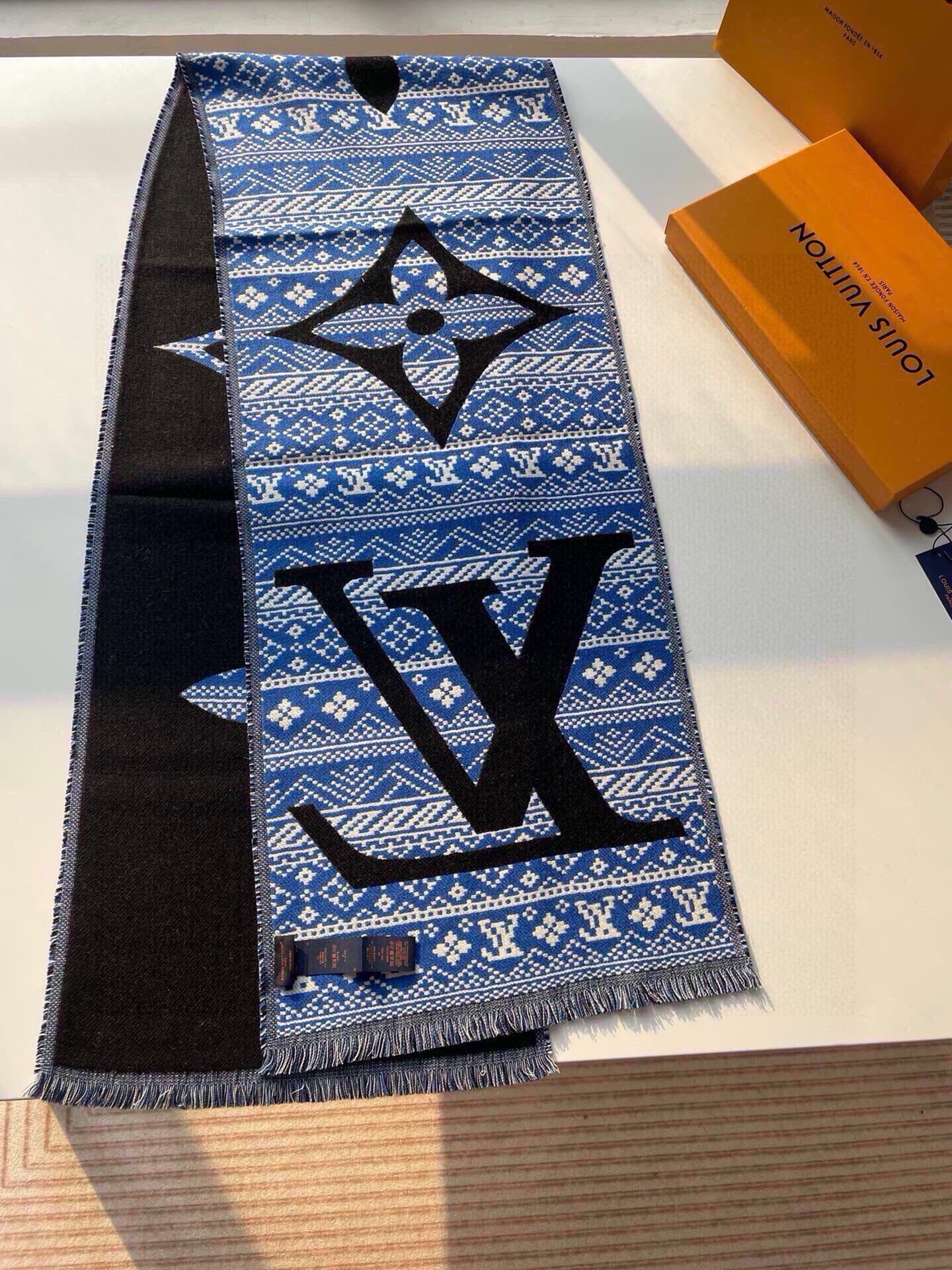 SCARF 200 CM IN BLACK MIX BLUE WOOL 390040 mysite